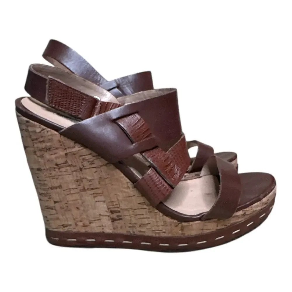 Charles David Trove Brown Leather Strappy Wedge Heels Sandals Size 9.5B